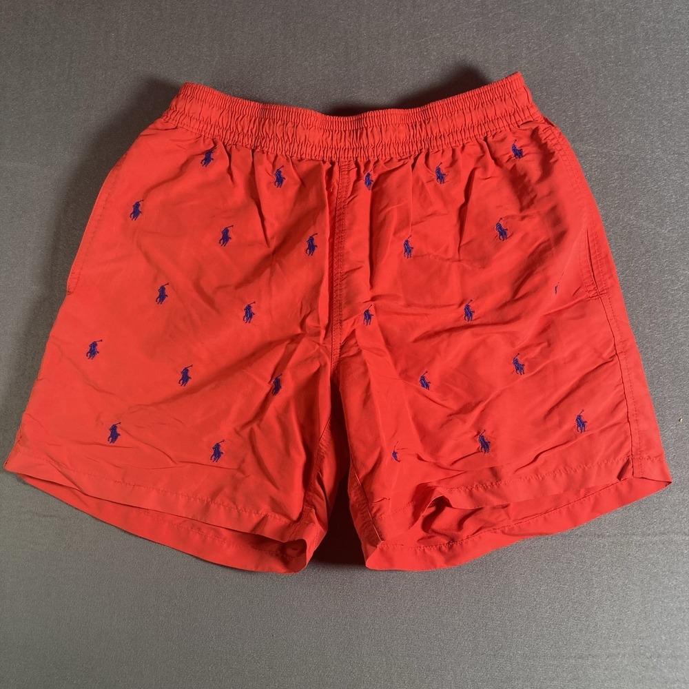 Polo Ralph Lauren Swim Trunks Men Medium Red All Over Embroidered Ponies Pockets